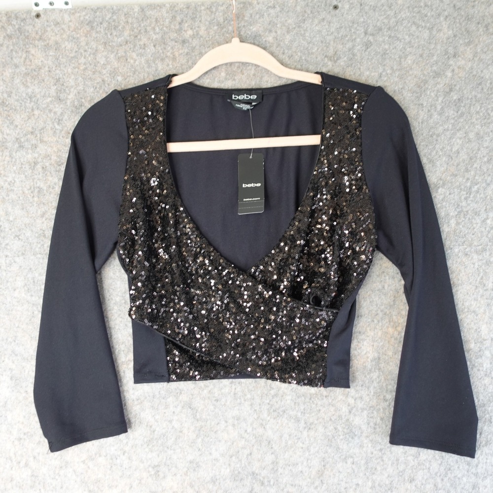Bebe Crop‎ Top Womens M Black Sequin Wrap V Neck Stretch Disco Glam Party NWT